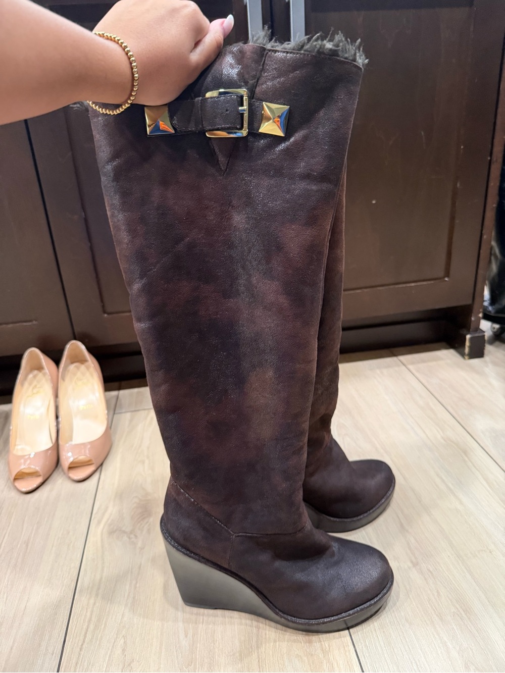 Michael Kors Dark Brown Suede Knee-High Wedge Boots with Faux Shearling Trim - Picture 2 of 4